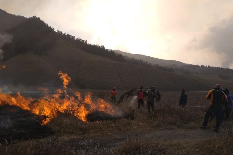 Petugas berusaha memadamkan api di padang rumput atau sabana Gunung Bromo, Jawa Timur, Minggu (2/9/2018).