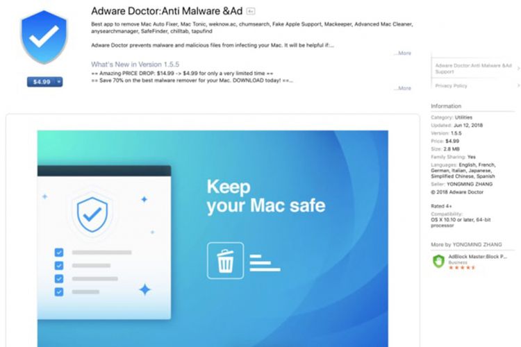 Tampilan aplikasi Adware Doctor di toko Mac App Store sebelum dihapus.