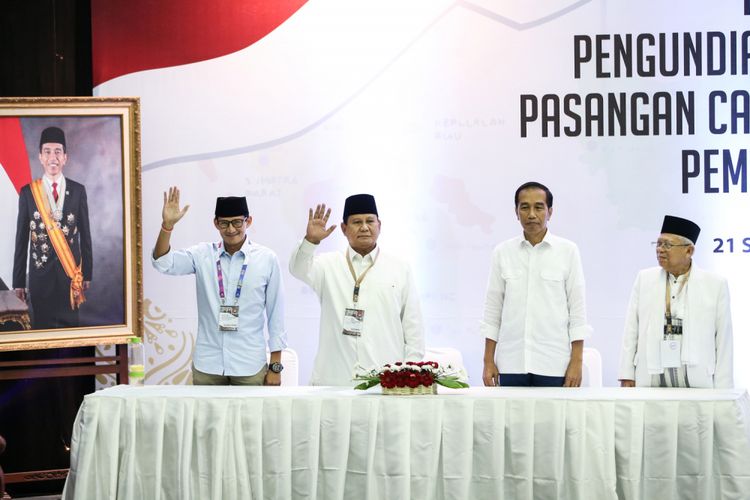 Dua pasangan capres dan cawapres, Joko Widodo-Maruf Amin dan Prabowo Subianto-Sandiaga Uno.