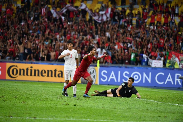 Bagas Kaffa merayakan gol Timnas U-16 Indonesia ke gawang Iran pada pertandingan Piala Asia U-16 2018 di Stadion Bukit Jalil, 21 September 2018. 