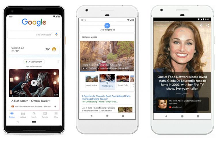 Beberapa fitur baru Google Search, yakni stories (kanan), featured videos (tengah), dan Discover. 