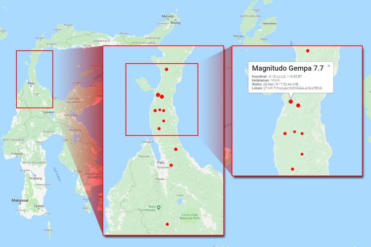 Gempa beruntun di Sulawesi Tengah pada 28 September 2018 mulai pukul 14.00 WIB hingga 18.06 WIB.