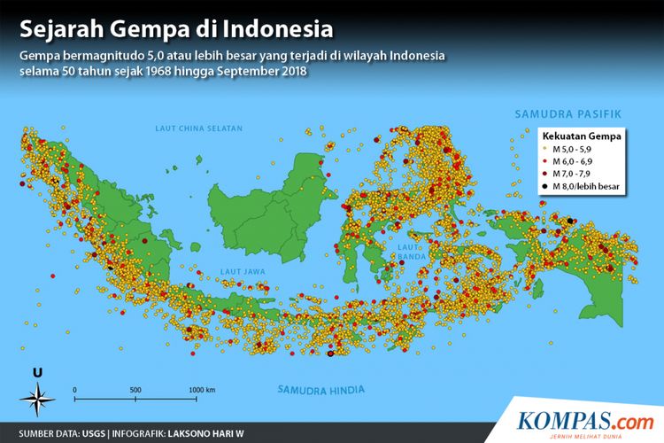 Gempa bermagnitudo 5,0 atau lebih besar yang terjadi di wilayah Indonesia selama 50 tahun sejak 1968 hingga September 2018 yang dicatat oleh USGS. Data diambil pada 30 September 2018 pukul 20.00 WIB.