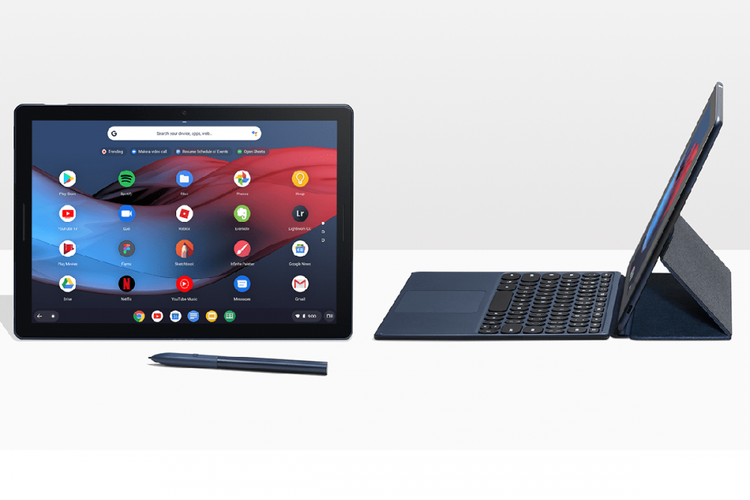 Tablet Chrome OS Google Pixel Slate beserta aksesori keyboard dan stylus yang dijual terpisah.
