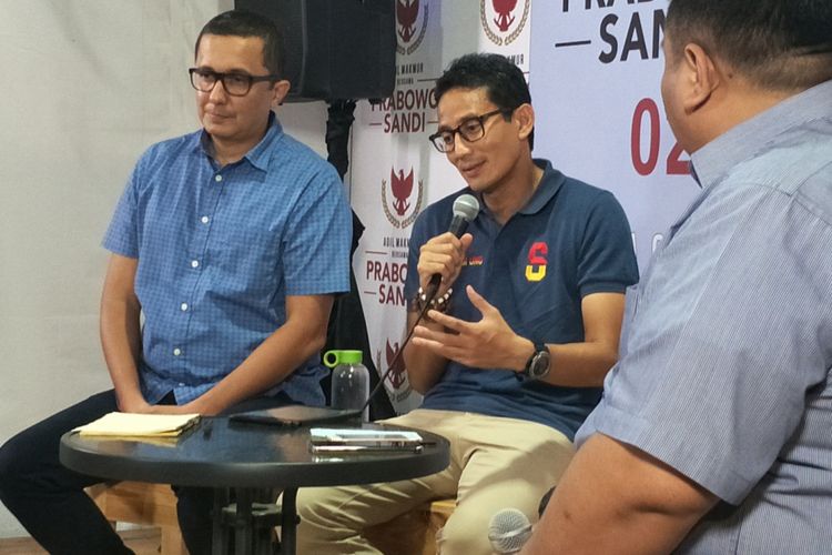 Calon wakil presiden nomor urut 02 Sandiaga Uno saat menjadi pembicara dalam sebuah diskusi di media center pasangan Prabowo-Sandiaga, Jalan Sriwijaya, Jakarta Selatan, Rabu (7/11/2018).