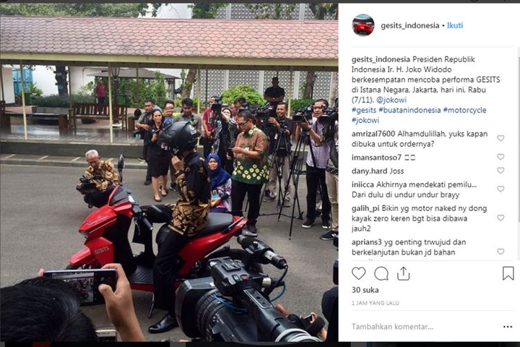 Jokowi tes skuter karya anak bangsa Gesits, Rabu (7/1/2018).