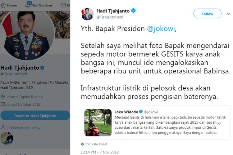 Cuitan Panglima TNI yang berniat memboyong Gesits.