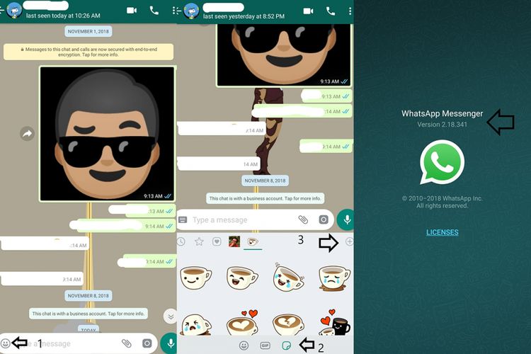 Cara mengakses opsi untuk menambah stiker di WhatsApp.