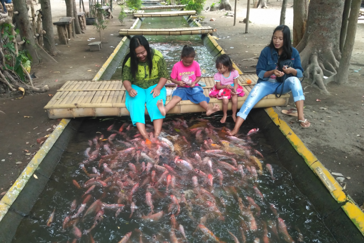Pengunjung menikmati wisata sungai ikan di Desa Jambu, Kecamatan Kayen Kidul, Kabupaten Kediri, Jawa Timur.