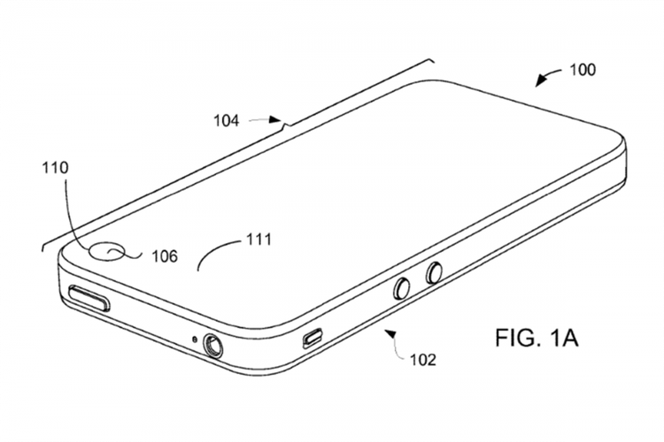 Ilustrasi perangkat ponsle dengan kamera yang tertanam di lubang layar, dalam dokumen paten Apple.