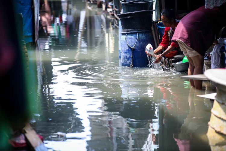 Rob atau banjir akibat pasang laut menggenangi Kampung Nelayan di Muara Angke, Penjaringan, Jakarta Utara, Senin (26/11/2018). Rob mulai merendam kawasan Muara Angke sejak Jumat (23/11/2018) dan terdapat 31 rumah pompa serta pompa mobile yang disiapkan di Kecamatan Penjaringan untuk menangani banjir rob.