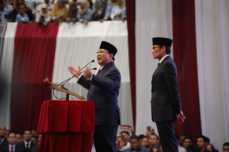 Calon presiden nomor urut 02 Prabowo Subianto saat menyampaikan pidato kebangsaan bertajuk Indonesia Menang di Jakarta Convention Center (JCC), Senayan, Jakarta, Senin (14/1/2019) malam.