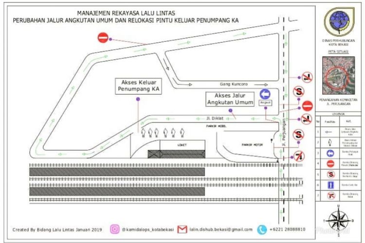 Peta rekayasa lalu lintas khusus angkutan umum dan transportasi online di sekitar Stasiun Bekasi, Jalan Perjuangan, Kota Bekasi, Jumat (18/1/2019).