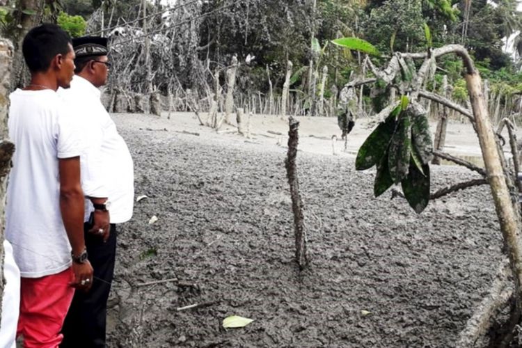 Wakil Bupati Aceh Utara Fauzi Yusuf melihat lokasi semburan lumpur dan menyerahkan bantuan masa panik kepada warga masyarakat korban semburan gas berlumpur di Desa Tanjong Meunye Kecamatan Tanah Jambo Aye. Aceh Utara, Jumat (25/1/2019)