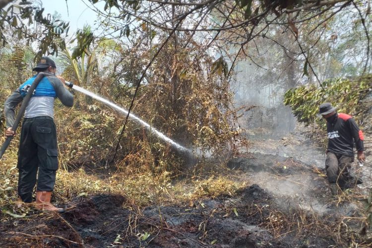 Petugas pemadam kebakaran PT SRL melakukan pemadaman dan pendinginan di kebun sagu warga yang terbakar akibat dampak karhutla di Desa Kebun, Kecamatan Rangsang, Kabupaten Kepulauan Meranti, Riau, Rabu (6/3/2019).