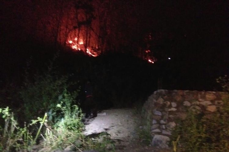 Lahan kosong yang berada lereng gunung Desa Runggu dan Desa Roka, Kecamatan Belo, Kabupaten Bima terbakar pada Minggu ((23/6) malam