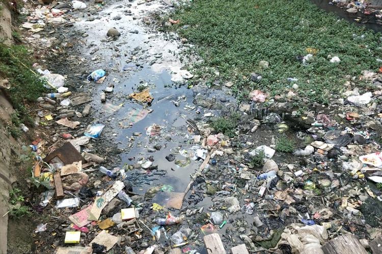 Kondisi Kali Tegal Amba, Jakarta Timur penuh sampah, Senin (8/7/2019).