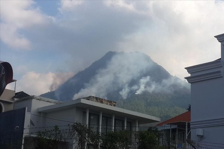 Kepulan asap akibat kebakaran hutan membumbung di Gunung Panderman, Kota Batu, Jawa Timur, Senin (22/7/2019)