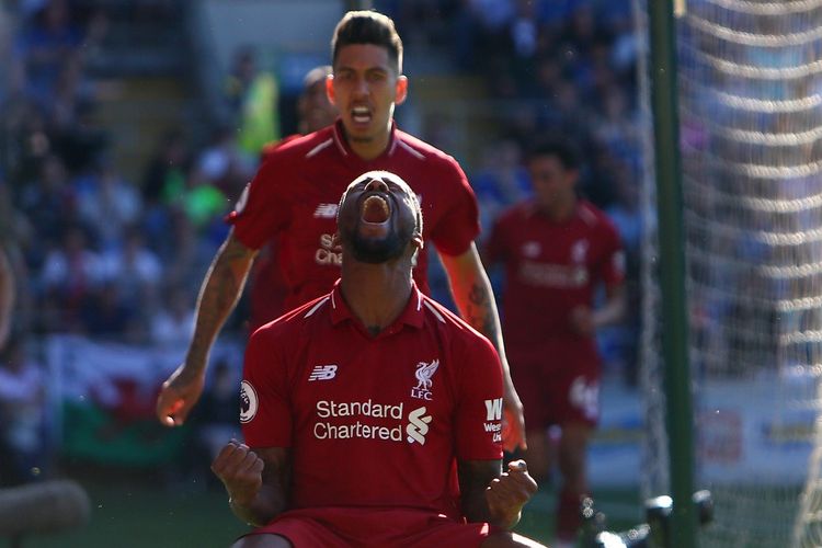 Gelandang Liverpool asal Belanda, Georginio Wijnaldum (depan) melakukan selebrasi usai mencetak gol ke gawang Cardiff City pada lanjutan laga Liga Inggris, di Stadion Cardiff City, Minggu (21/4/2019).