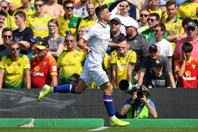 Mason Mount mencetak gol pada laga Norwich City vs Chelsea pada lanjutan Liga Inggris di Stadion Carrow Road, Sabtu (24/8/2019).