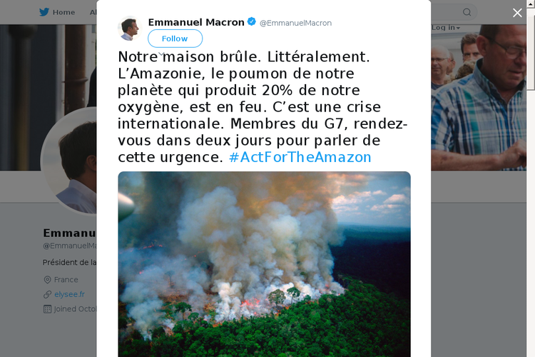 Twit yang diunggah Presiden Perancis Emmanuel Macron soal kebakaran hutan di Amazon. Namun, terdapat informasi yang keliru dalam foto tersebut.