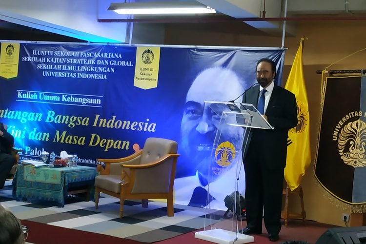 Ketua Umum Partai Nasdem Surya Paloh di Kampus UI Salemba, Jakarta Pusat, Rabu (14/8/2019).