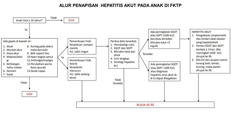 Alur penapisan hepatitis akut misterius pada anak di fasilitas kesehatan tingkat pertama (puskesmas). 