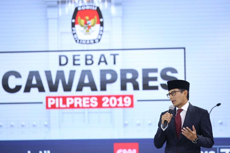 Calon wakil presiden nomor urut 02 Sandiaga Uno berbicara dalam debat ketiga Pilpres 2019 di Hotel Sultan, Jakarta, Minggu (17/3/2019) malam. Peserta debat ketiga kali ini adalah cawapres masing-masing paslon dengan tema yang diangkat adalah pendidikan, kesehatan, ketenagakerjaan, sosial, dan budaya.