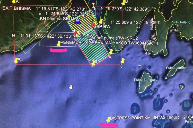 Lokasi pencarian kapal tenggelam di Laut Banggai