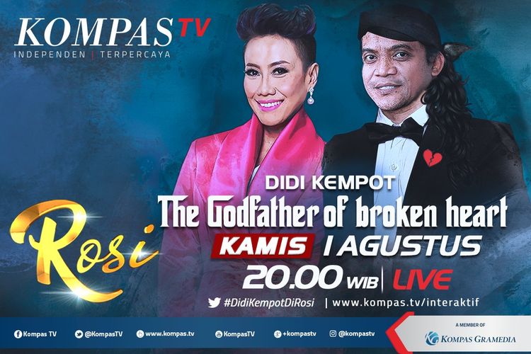 Penyanyi campursari Didi Kempot yang berjuluk The Godfather of Broken Heart menjadi bintang tamu program Rosi di Kompas TV pada Kamis (1/8/2019).