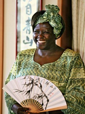 Wangari Maathai, penerima Penghargaan Nobel Perdamaian pertama dari Afrika, mengusung paham mottainai pada kampanye lingkungannya.