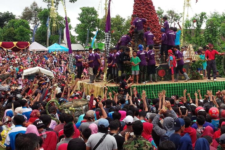 Ribuan warga saling berdesakan untuk mendapatkan buah manggis. Tumpengan buah manggis digelar di lapangan Desa Jarak Kecamatan Wonosalam Kabupaten Jombang Jawa Timur, Minggu (24/3/2019).