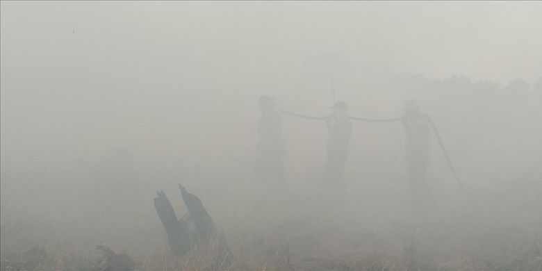 Petugas kepolisian dan TNI memadamkan api karhutla di tengah kabut asap di Desa Teluk Bano II, Kecamatan Pekaitan, Kabupaten Rohil, Riau, Rabu (3/7/2019).