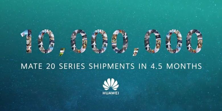 Ilustrasi poster Huawei seri Mate 20 yang telah dikapalkan sebanyak 10 juta unit