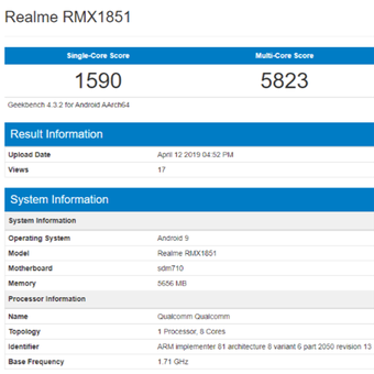 Tangkapan layar Geekbench yang disinyalir memperlihatkan spesifikasi Realme 3 Pro