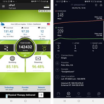 Hasil uji kecepatan internet lewat Wi-Fi publik di kantor pusat Google di Mountain View, AS, dengan aplikasi nPerf dan Speedtest.