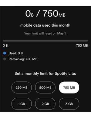 Opso untuk mengatur batas pemakaian kuota data maksimal dalam sebulan, di aplikasi Spotify Lite.