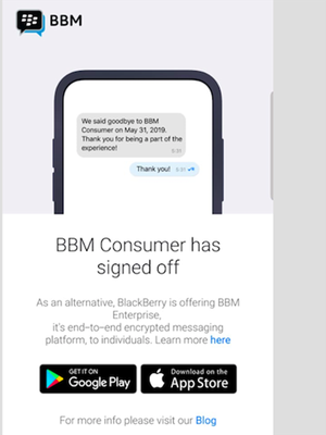 Layar login aplikasi BBM Android pada 31 Mei 2019 menampilkan pemberitahuan soal penutupan layanan BBM dan saran untuk beralih menggunakan BBM Enterprise.