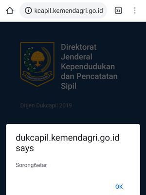 Tampilan situs mobile Dukcapil saat menjadi korban peretasan, dengan pop-up diduga berisi nama hacker yang bertanggung jawab. 