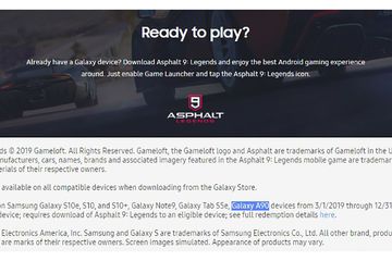 Tangkapan layar di laman promosi game Asphalt 9 di situs Samsung yang memperlihatkan nama Galaxy A90. 