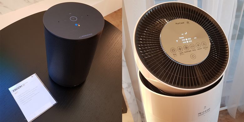 Smart speaker LG XBoom AI ThinQ WK7 (foto kiri) dan pembersih udara pintar PuriCare Water Purifier.