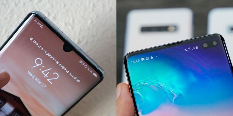 Huawei P30 Pro (kiri) menggunakan poni untuk menyematkan kamera depan. Semetara Galaxy S10 Plus menggunakan layar berlubang atau hole punch untuk menempatkan dua kamera depannya. 