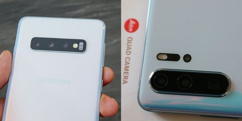 Huawei P30 Pro (kanan), memiliki empat kamera belakang. Kamera ToF ditempatkan persis di bawah LED flash. Sementara itu, Galaxy S10 Plus dibekali tiga kamera belakang. 