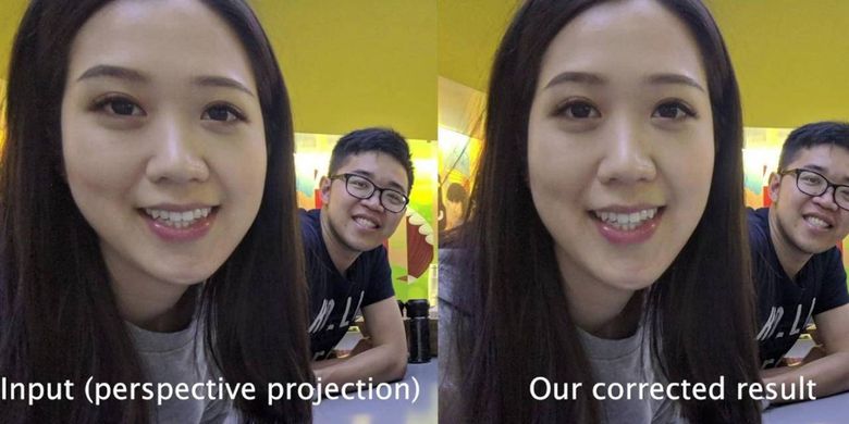 Salah satu contoh koreksi distorsi pada foto wajah tangkapan lensa kamera ultra wide dengan software Google.