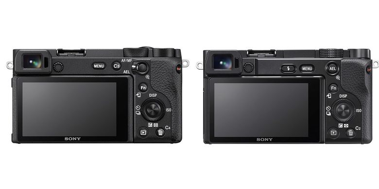 Tampak belakang kamera mirrorless Sony a6600 (kiri) dan a6110.