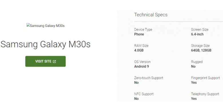 Spesifikasi Samsung Galaxy M30s yang muncul di laman sertifikasi Android.