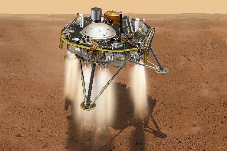 Ilustrasi dari NASA ini diperoleh pada 21 November 2018, menunjukkan simulasi pemandangan pendaratan wahana robot InSight di Mars. Badan Antariksa Amerika Serikat, NASA, berhasil mendaratkan wahana robot InSight di permukaan planet Mars pada Senin (26/11/2018) waktu AS, setelah melewati periode tujuh menit yang sangat menentukan.