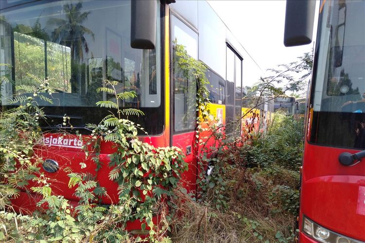 Puluhan bus Transjakarta tidak terpakai di Perum Pengangkutan Penumpang Djakarta (PPD) Ciputat, Tangerang Selatan, Banten, Kamis (25/7/2019)