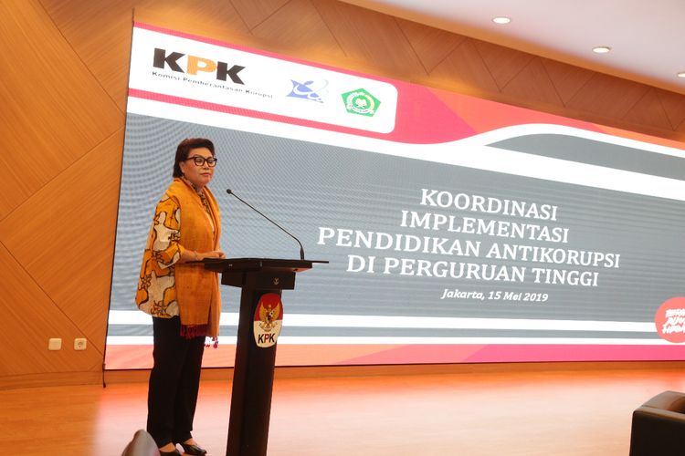Wakil Ketua KPK Basaria Panjaitan dalam Koordinasi Implementasi Pendidikan Antikorupsi di Perguruan Tinggi di Gedung Pusat Edukasi Antikorupsi, Jakarta, Rabu (15/5/2019).