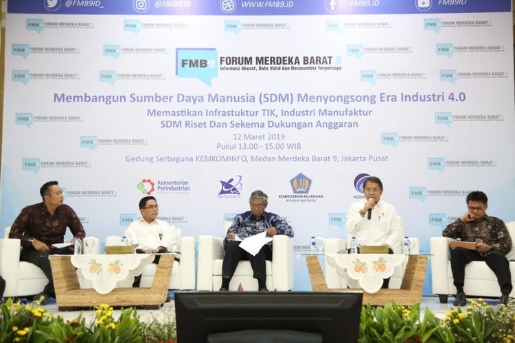 Diskusi Media Forum Merdeka Barat (FMB) 9 bertema Membangun Sumber Daya Manusia Menyongsong Era Industri 4.0: Memastikan Infrastruktur Teknologi Informasi dan Komunikasi (TIK), Industri Manufaktur, SDM Riset, dan Skema Dukungan Anggaran (12/3/2019).